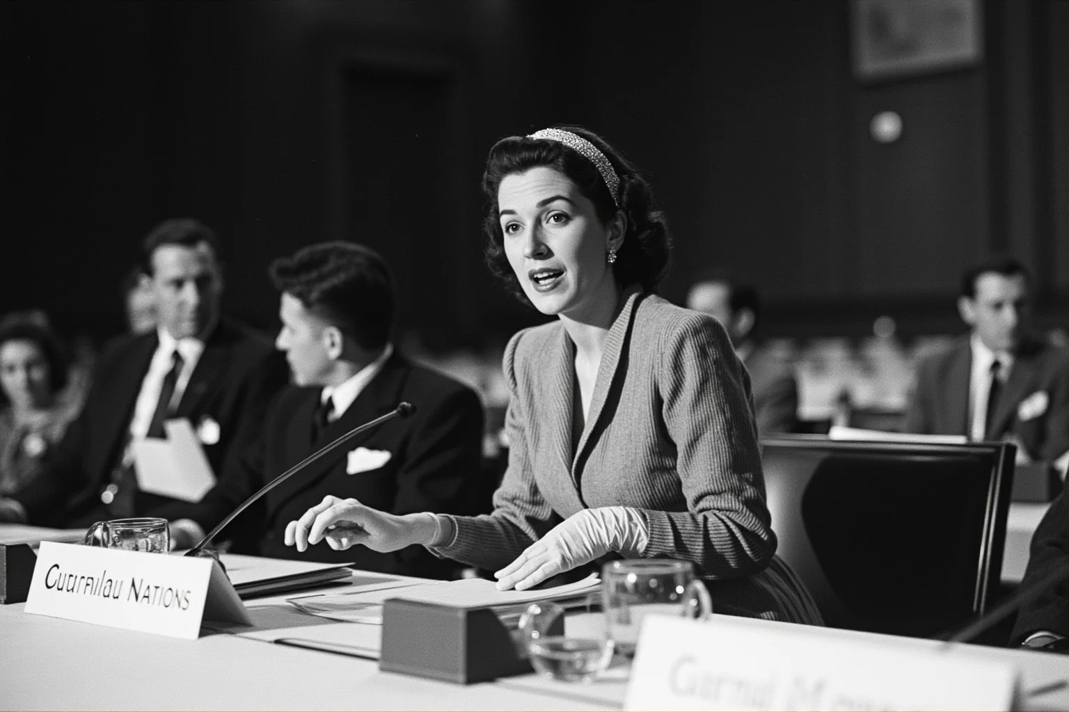 1940s First Lady in elegant dress speaking at a United Nations conference table