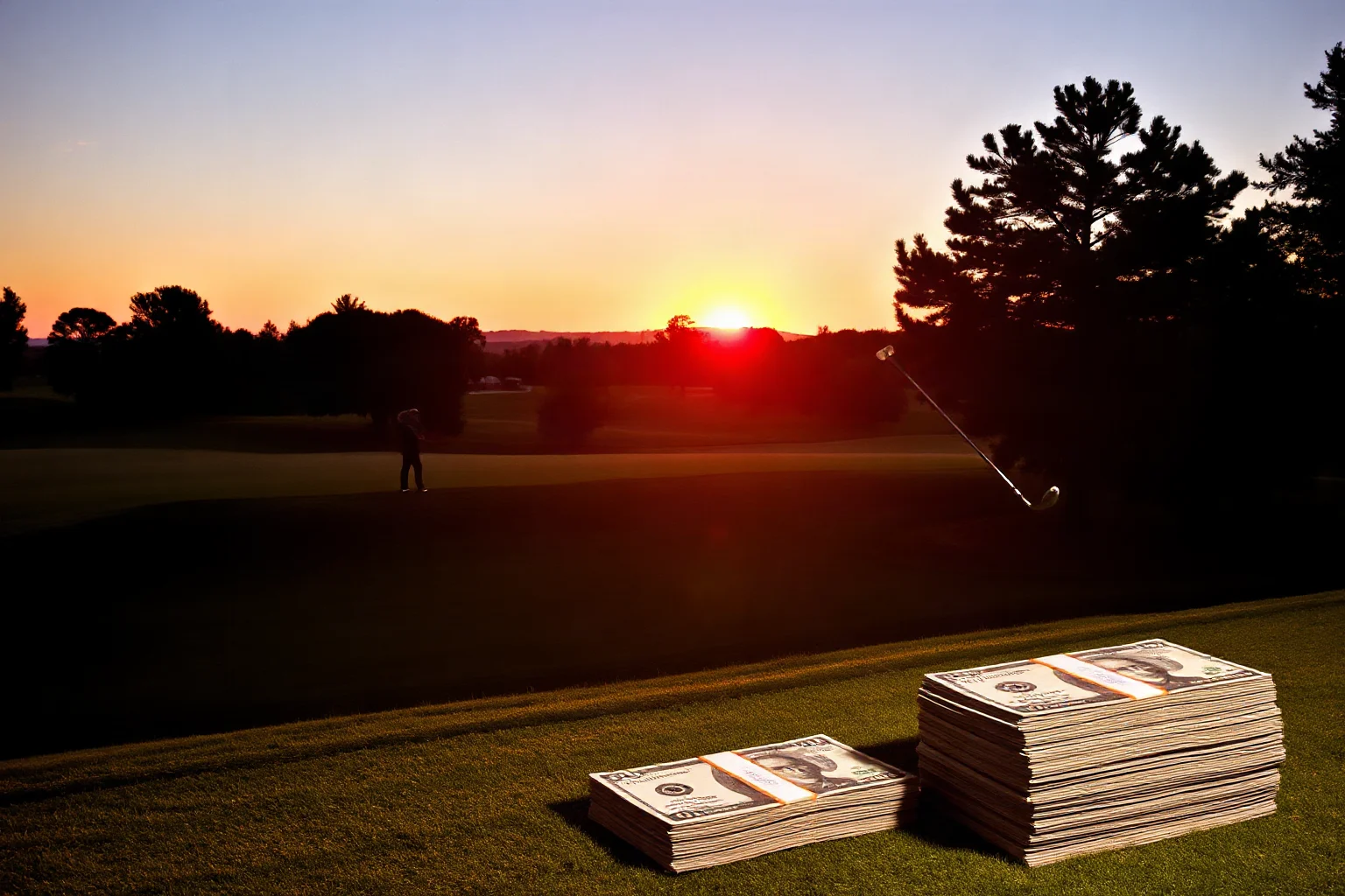 1940s golf course at dusk with a lone gambler practicing a trick shot beside a stack of cash