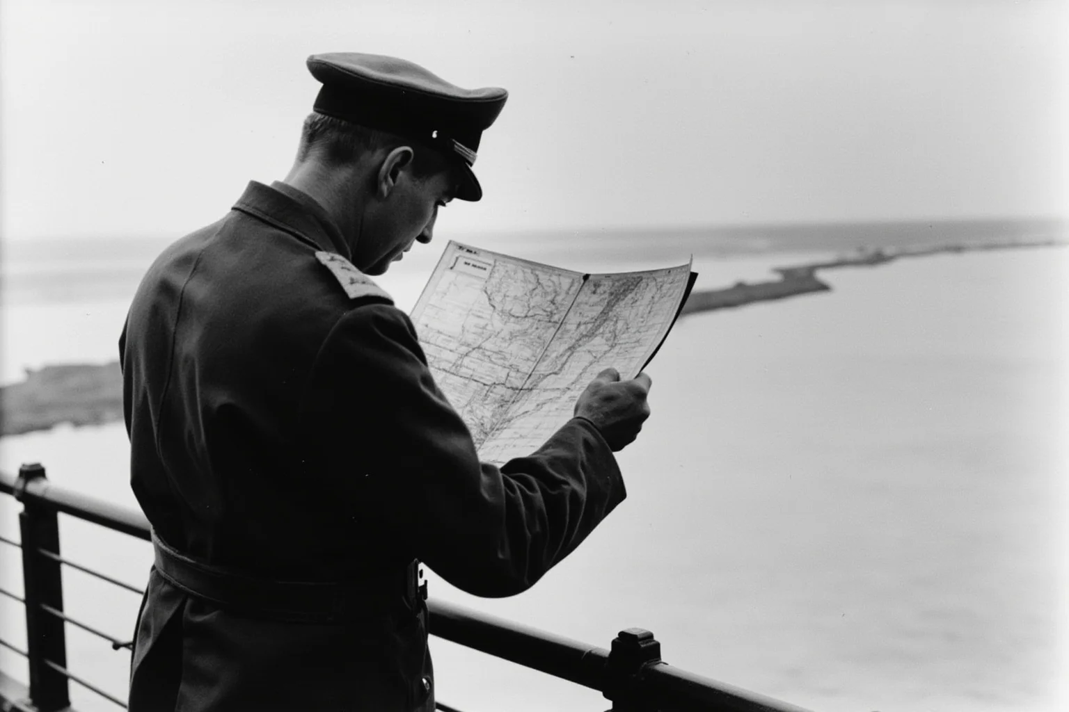 1940s military general in uniform studying a map of a coastline before an invasion