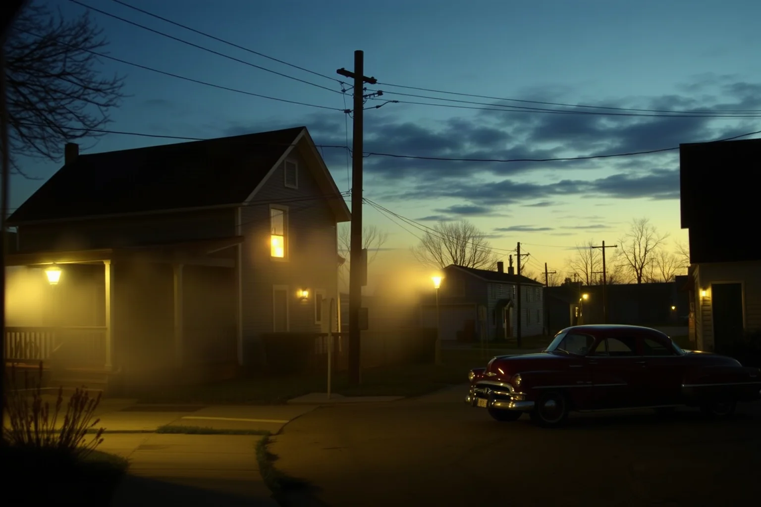 1940s small American town street at dusk with a mysterious mist near a house window, retro cars parked nearby