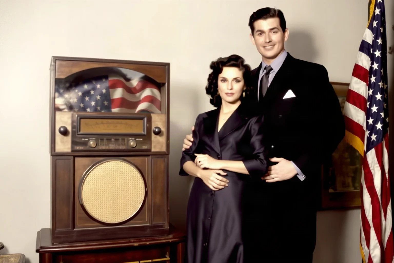 1940s-style couple in formal attire standing beside a vintage radio and American flag, symbolizing a political era