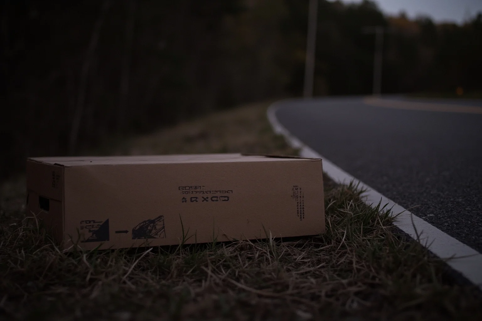 1950s cardboard box resting quietly near a wooded roadside at dusk, somber illustration style