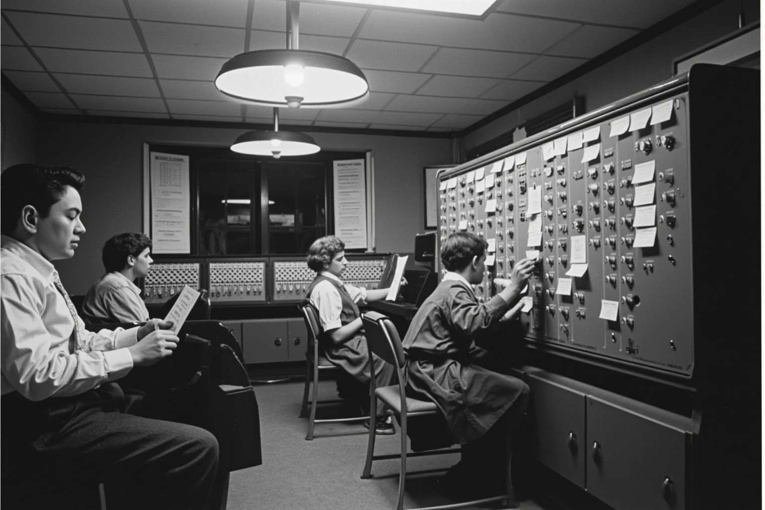 1950s computer room with punch cards and early compiler programming documentation