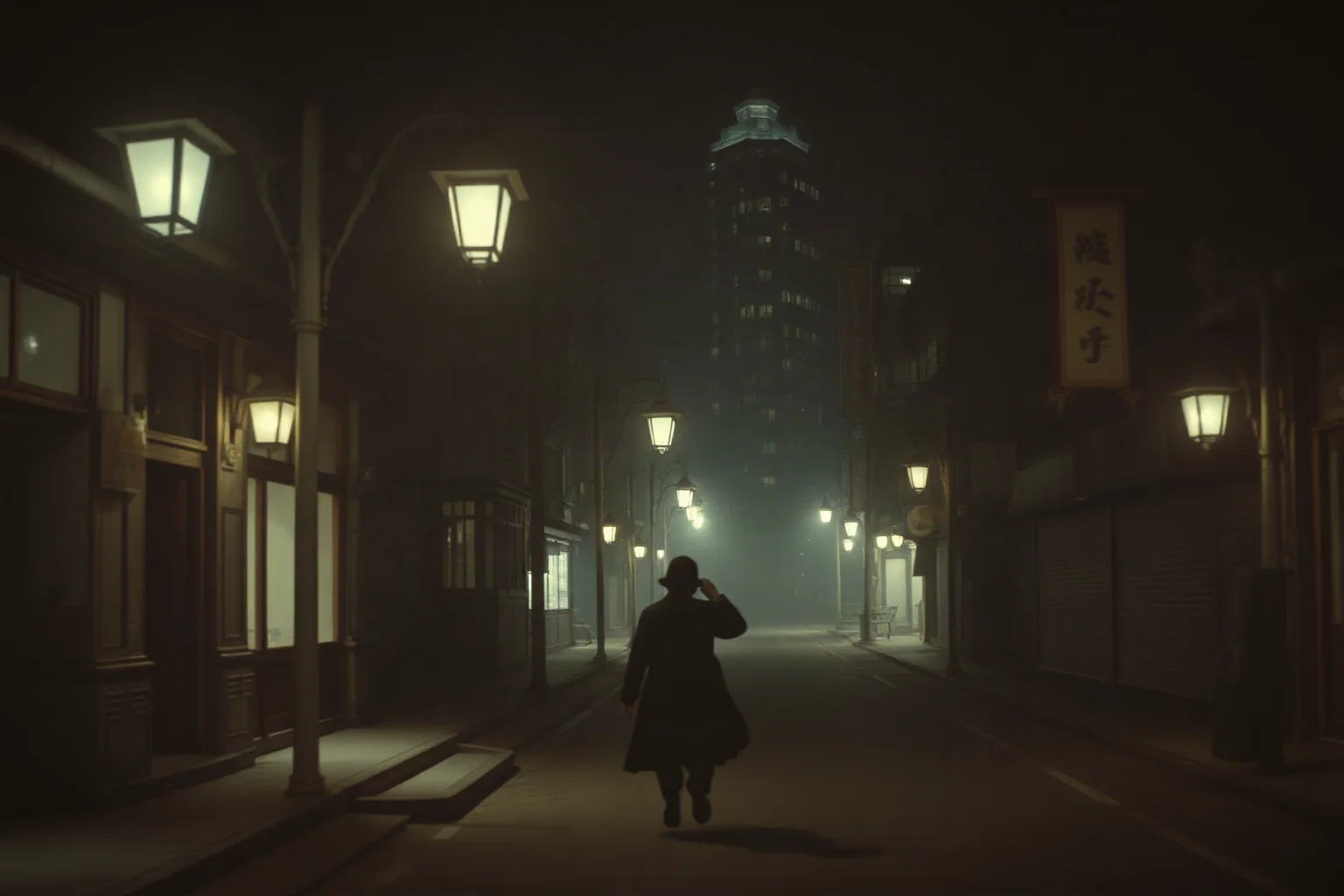 1950s East Asian city street at night with dim lantern light and a shadowy fleeing figure