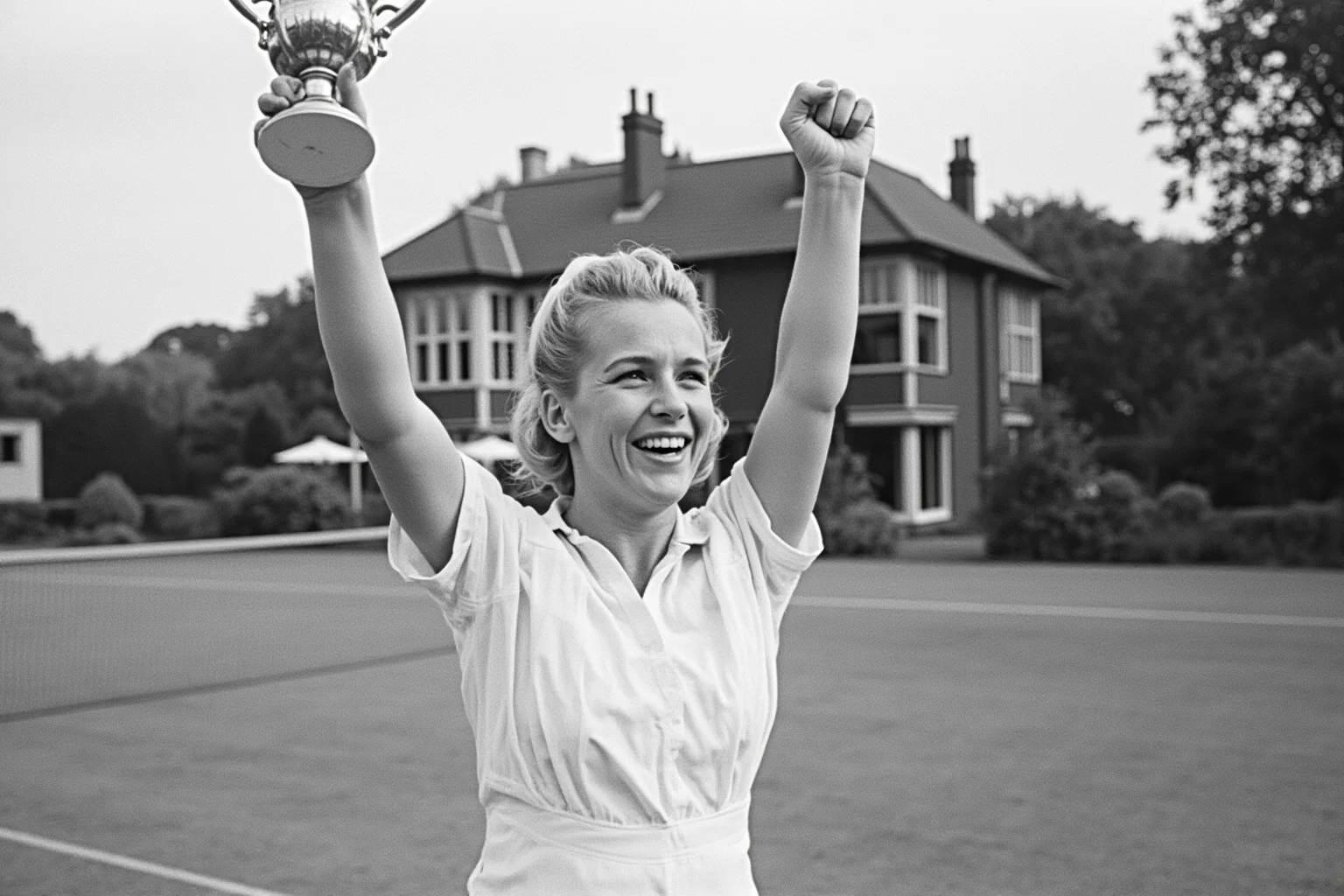 Female Athletes In History Who Changed The Game 10 1950s female tennis champion celebrating with a trophy on a grass court, elegant vintage clubhouse in the background