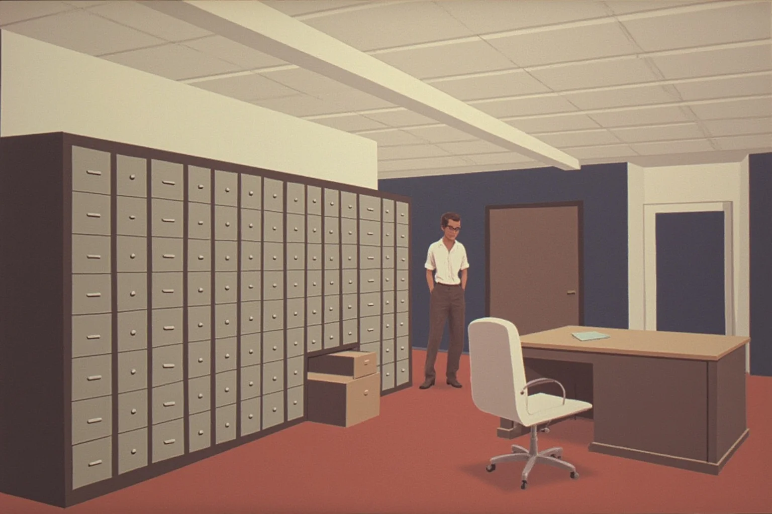 1950s government office interior with filing cabinets and a plain wooden desk, muted retro illustration