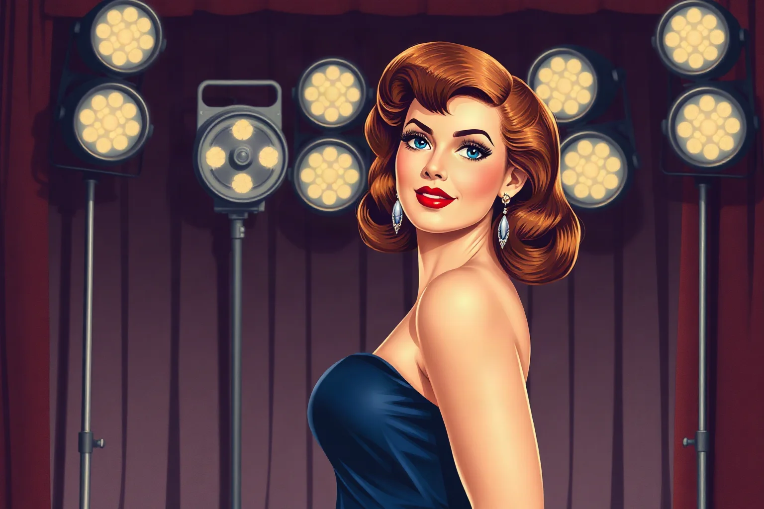 1950s Hollywood actress posing glamorously in front of vintage movie set lights, illustrated style