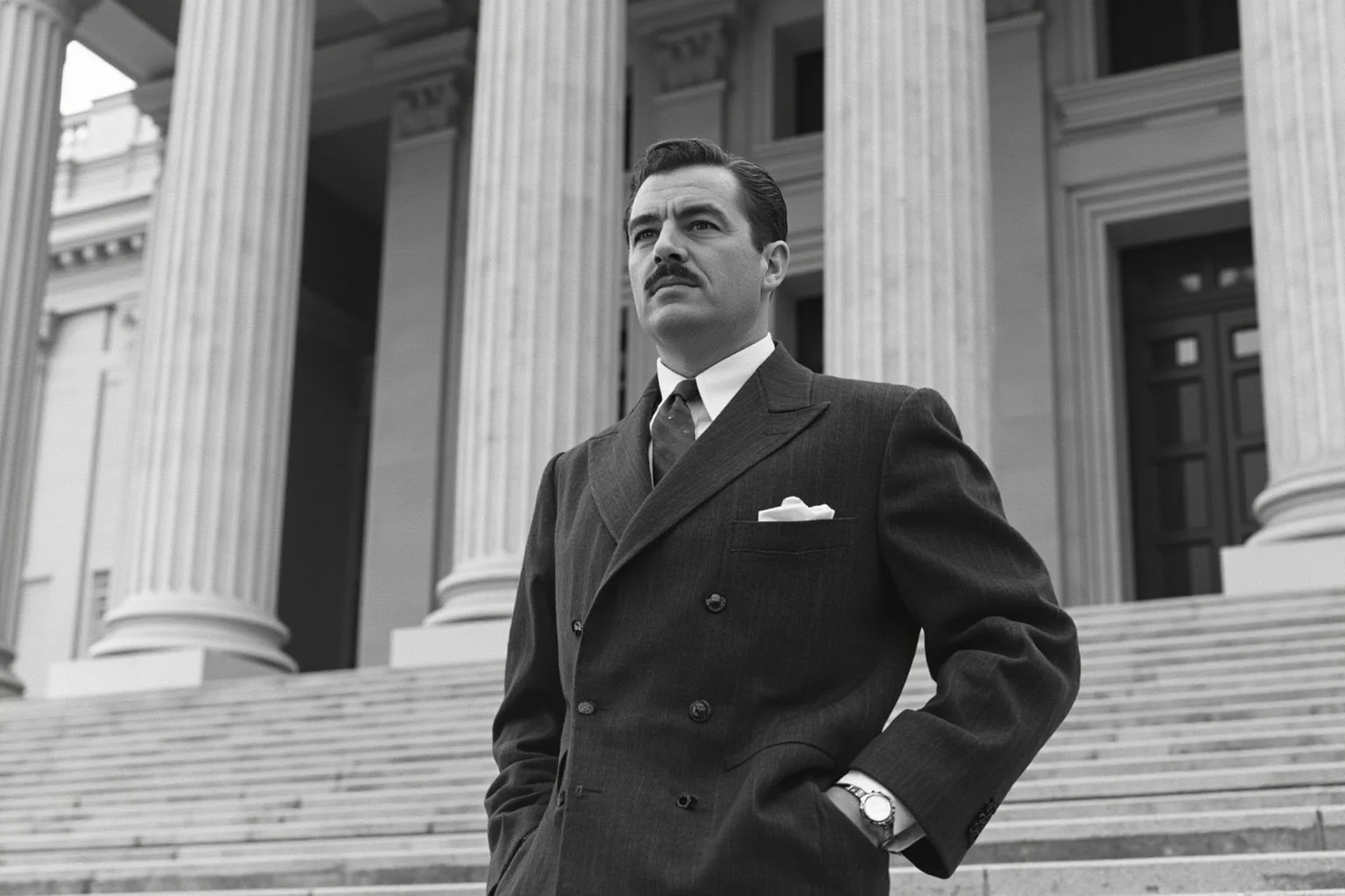 1950s lawyer in a suit standing confidently before courthouse steps with columns