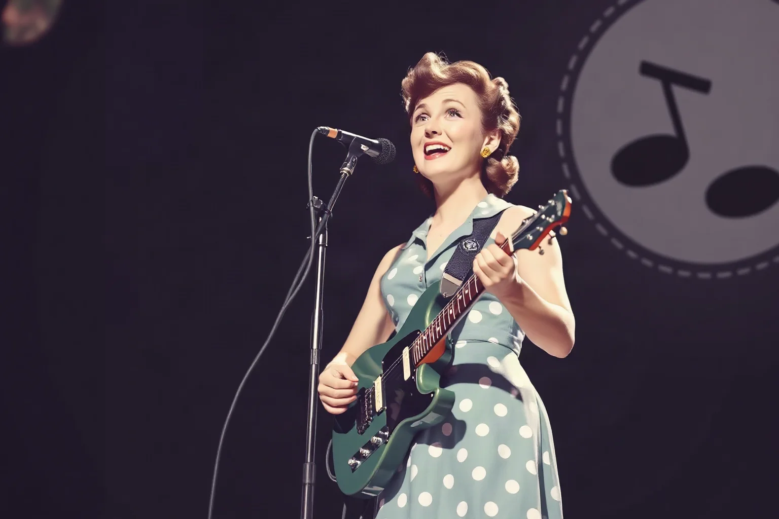 1950s rock and roll performer singing energetically on stage with a guitar, illustrated style