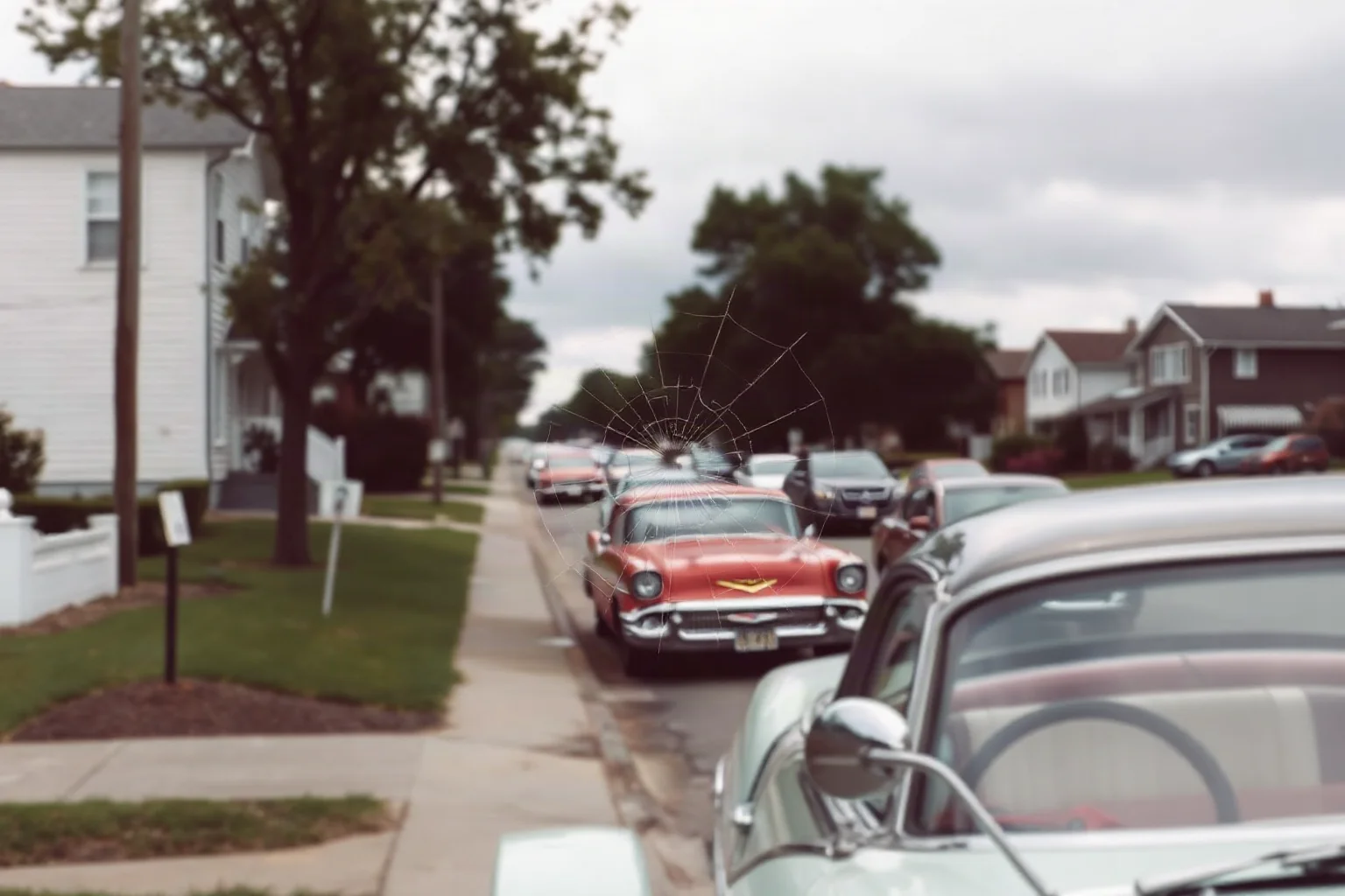 1950s suburban street with rows of parked cars, close-up focus on a cracked windshield under overcast sky