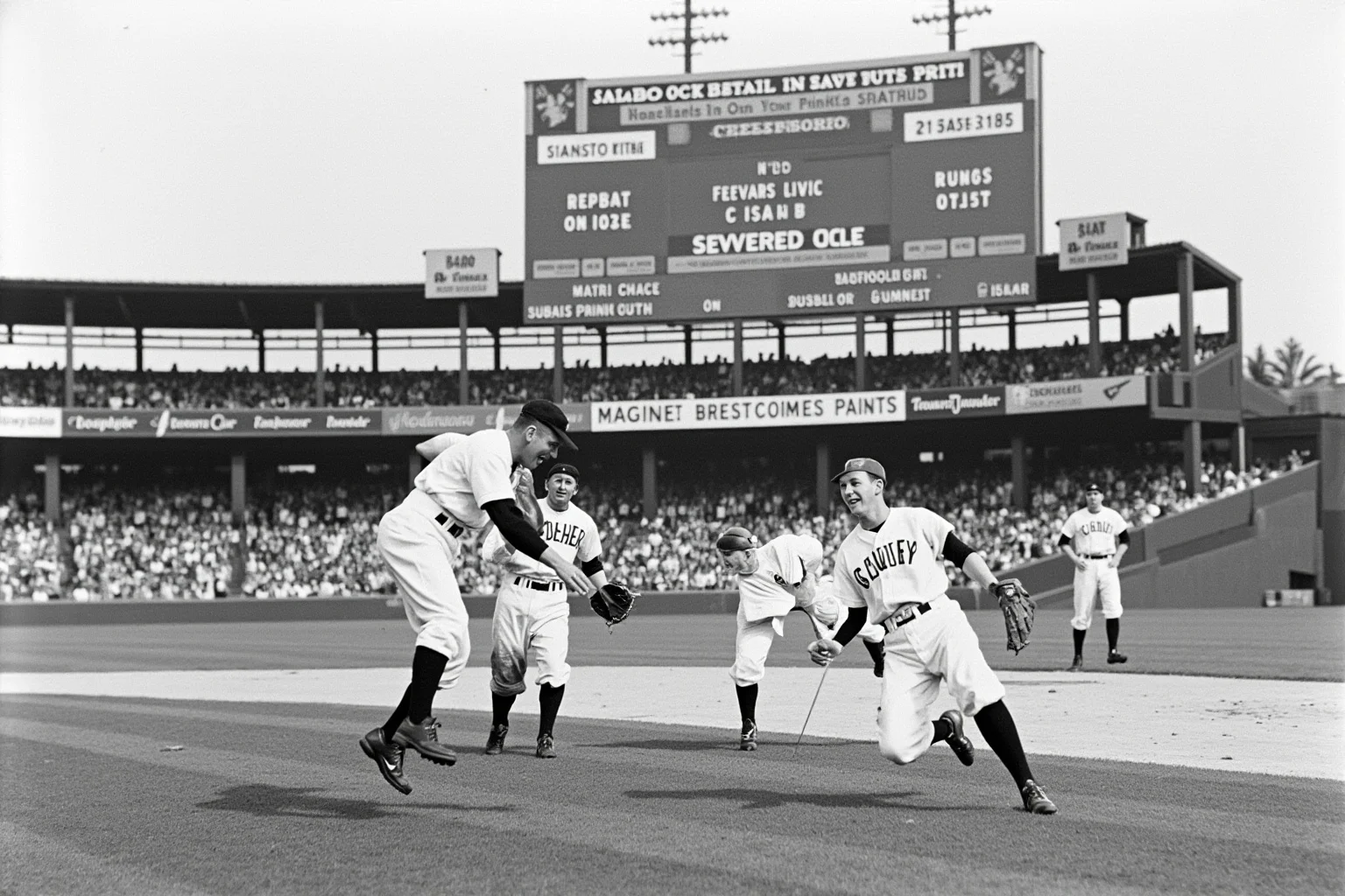 Biggest Blowouts in Sports History 12 1950s vintage baseball stadium, players celebrating a record-setting run total on an old scoreboard