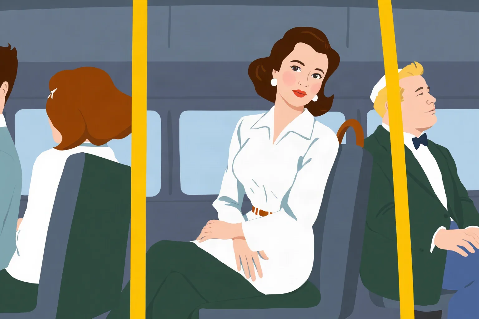 1950s woman sitting quietly on a public bus seat, other passengers around her, illustrated style