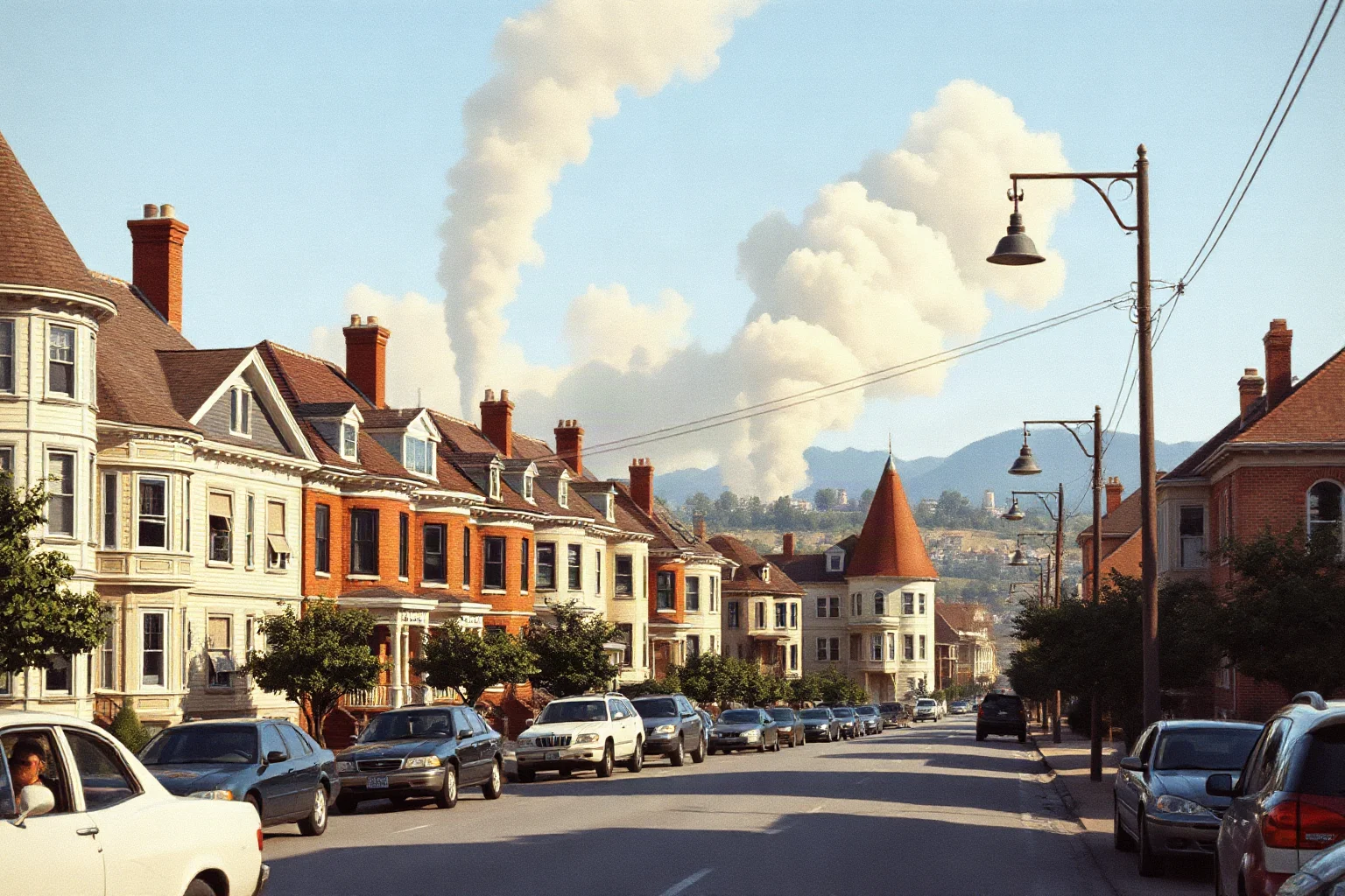 1960s American city street with rowhouses and smoke in the distance, documentary-style illustration