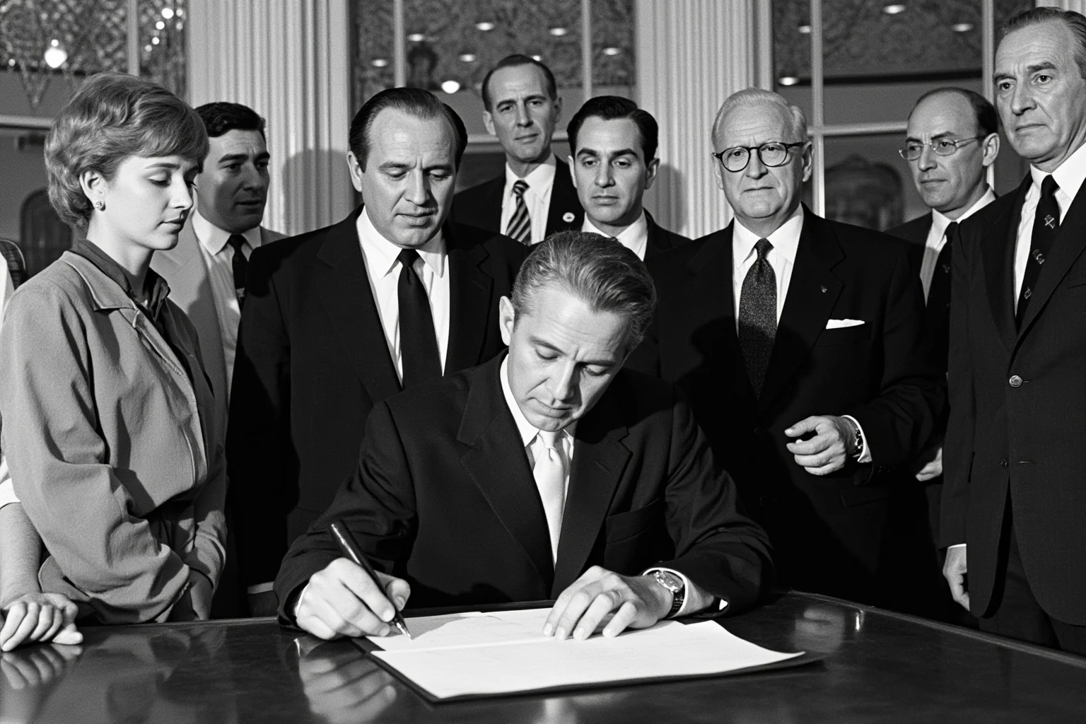 1960s American president signing a document at a desk surrounded by onlookers