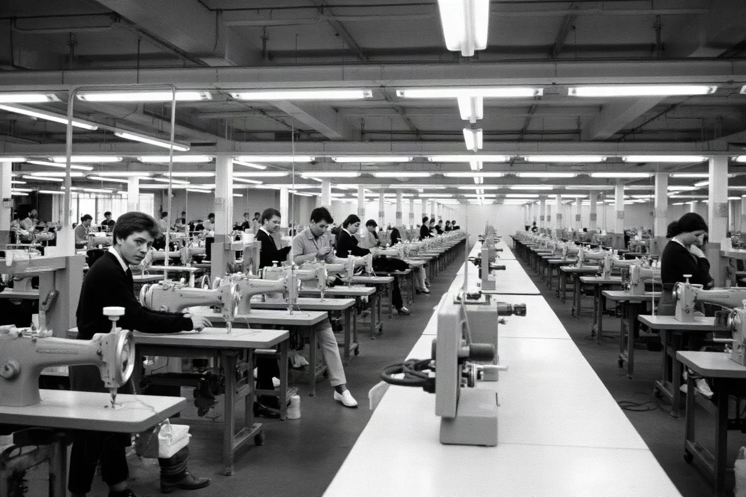 1960s American textile factory floor with rows of sewing machines and workers looking uneasy, fluorescent lighting