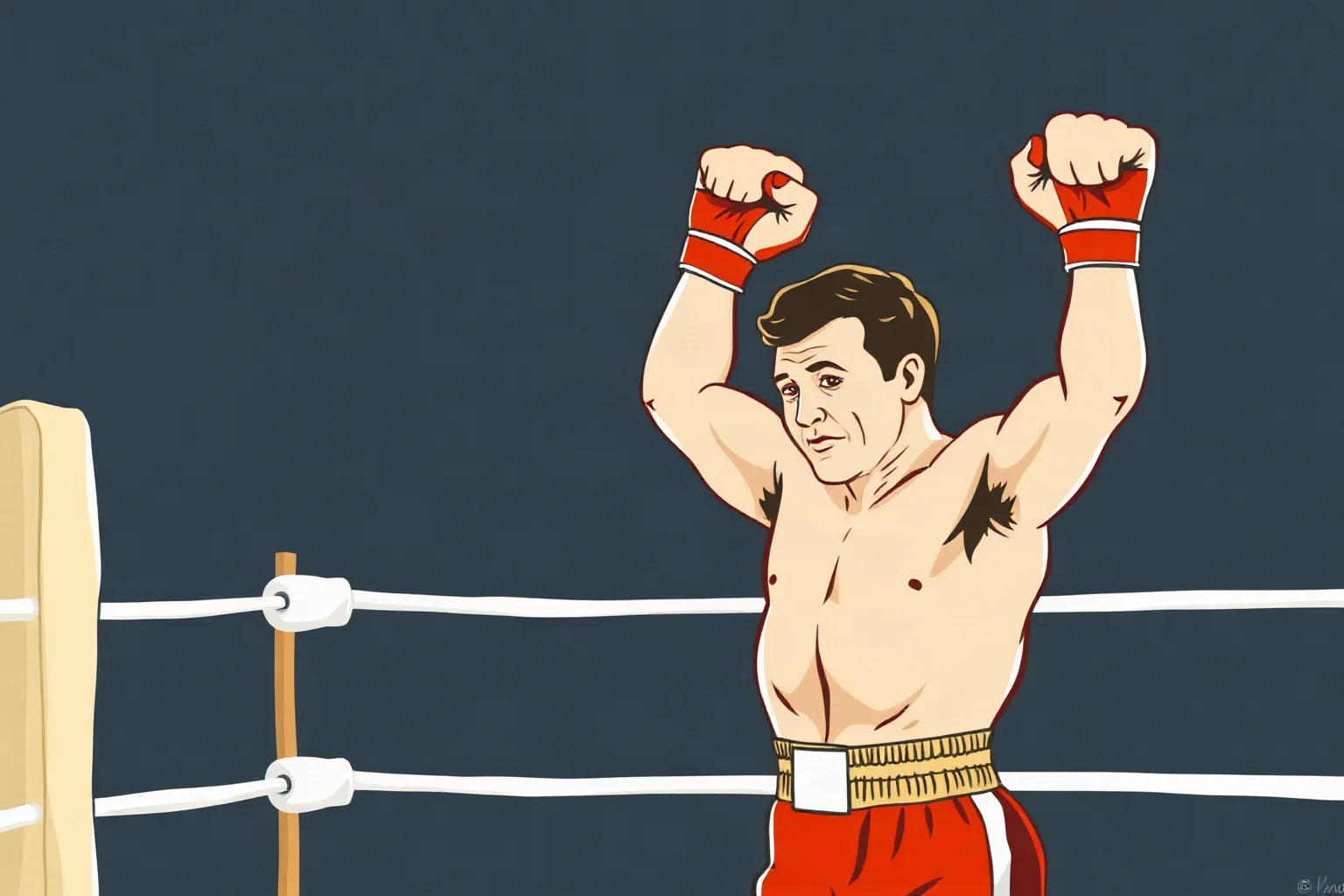 1960s boxer in athletic stance inside a boxing ring, arms raised in victory, illustrated style