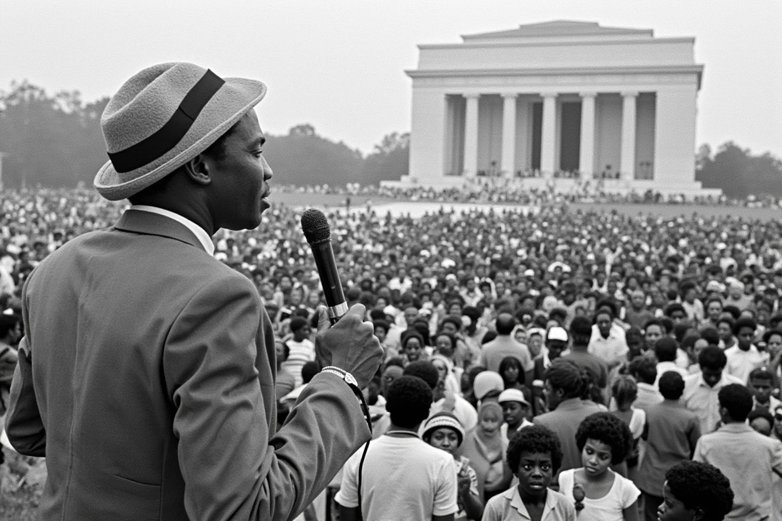 1960s civil rights leader addressing a massive peaceful crowd outdoors near a monument