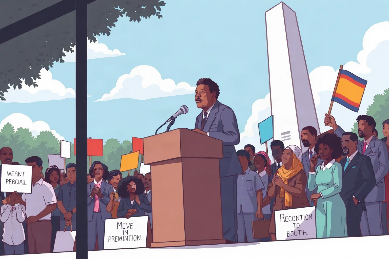 1960s civil rights leader addressing a massive peaceful crowd from a podium near a monument, illustrated style