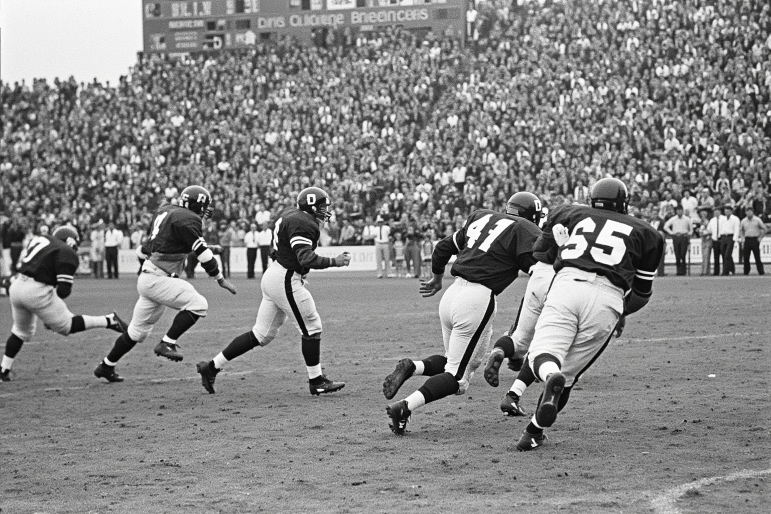 Biggest Blowouts in Sports History 8 1960s college football stadium, an offense running a fast no-huddle attack, scoreboard showing a huge point total