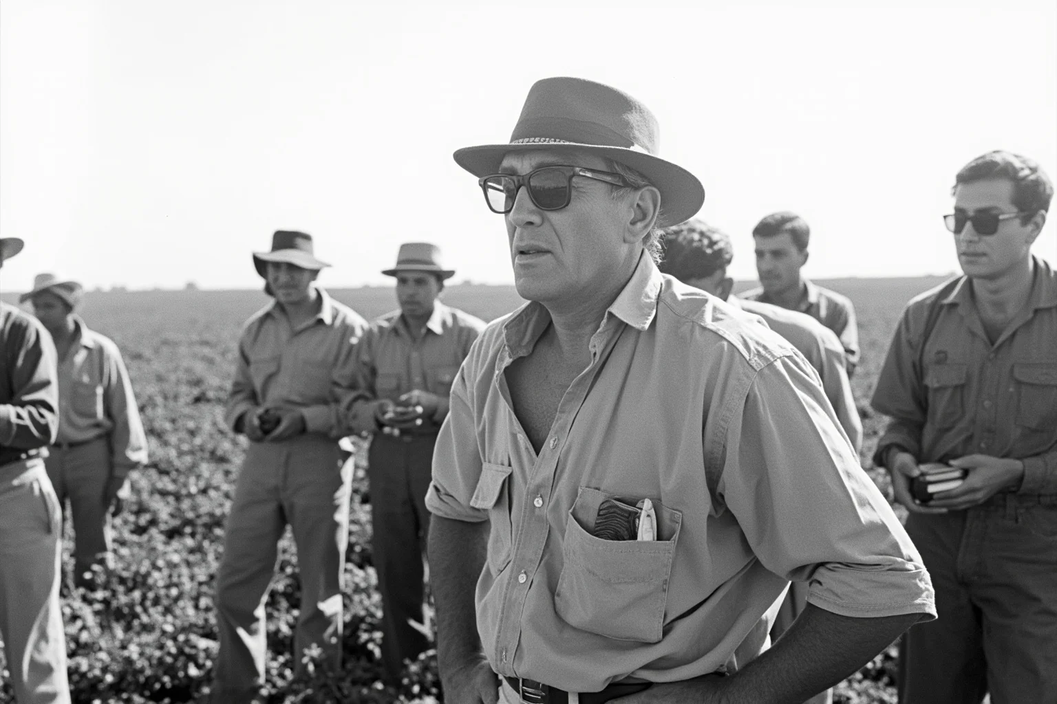 1960s farm labor organizer standing among agricultural workers in a sunlit field