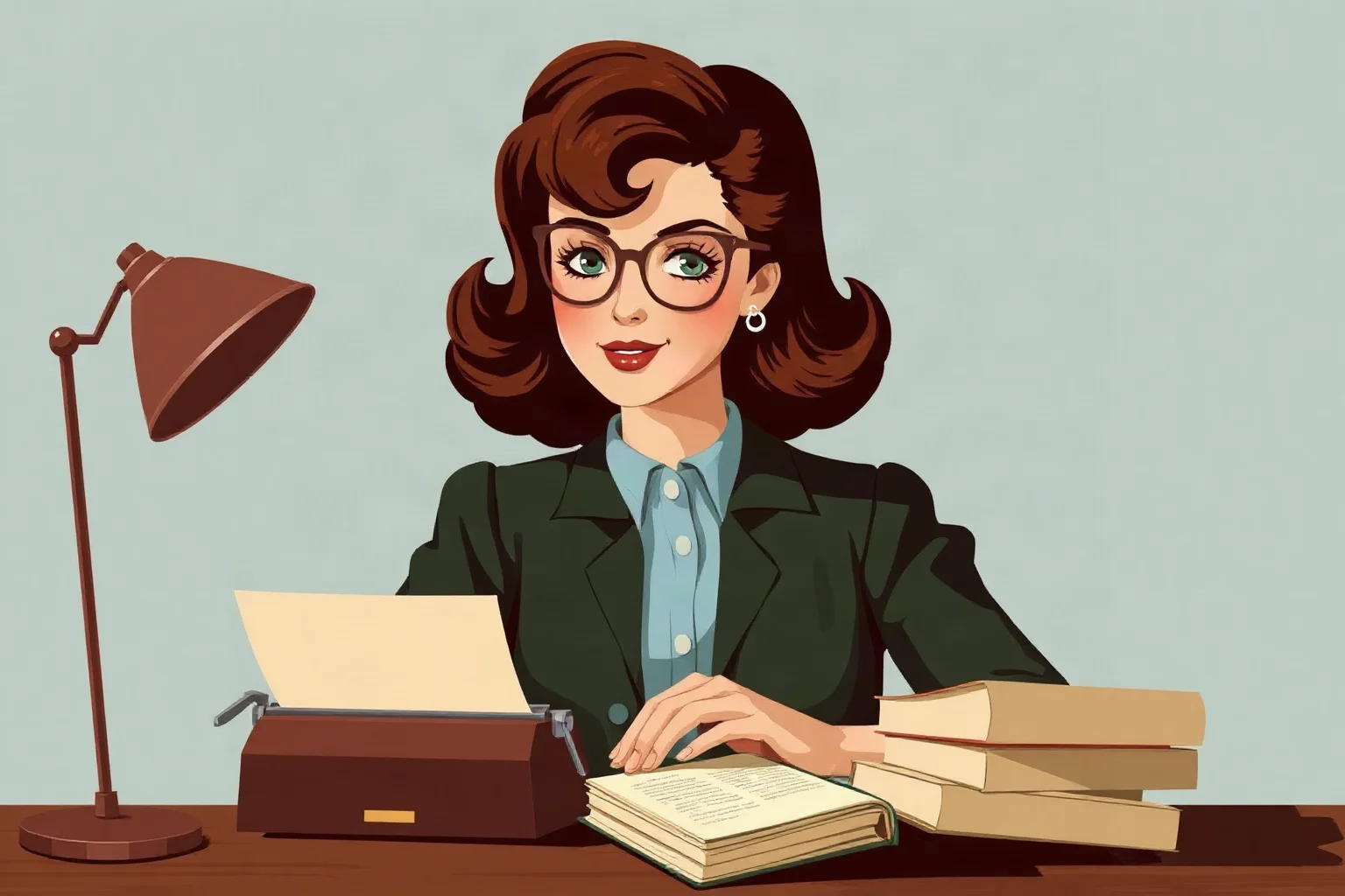 1960s illustration of a Southern American woman writer at a desk with a typewriter and stack of manuscript pages