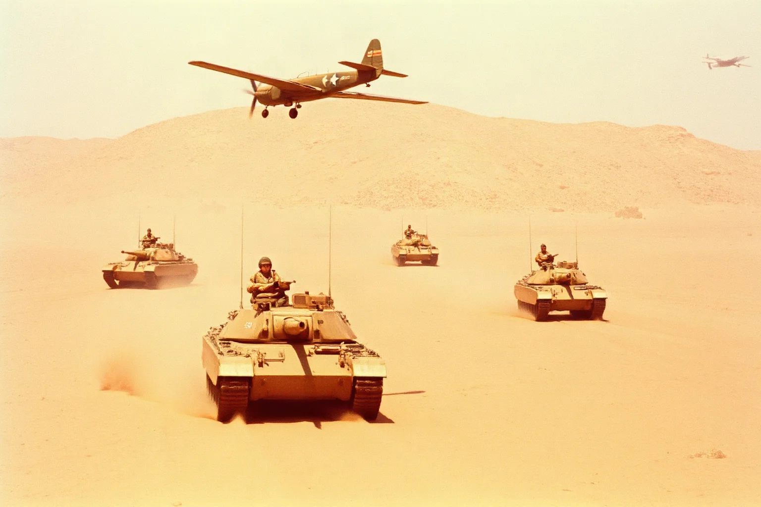 1960s Middle Eastern desert battlefield with tanks and aircraft passing overhead briefly