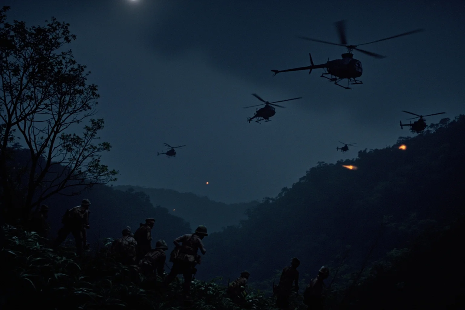 1960s soldiers and helicopters over a dense jungle landscape during a nighttime military operation