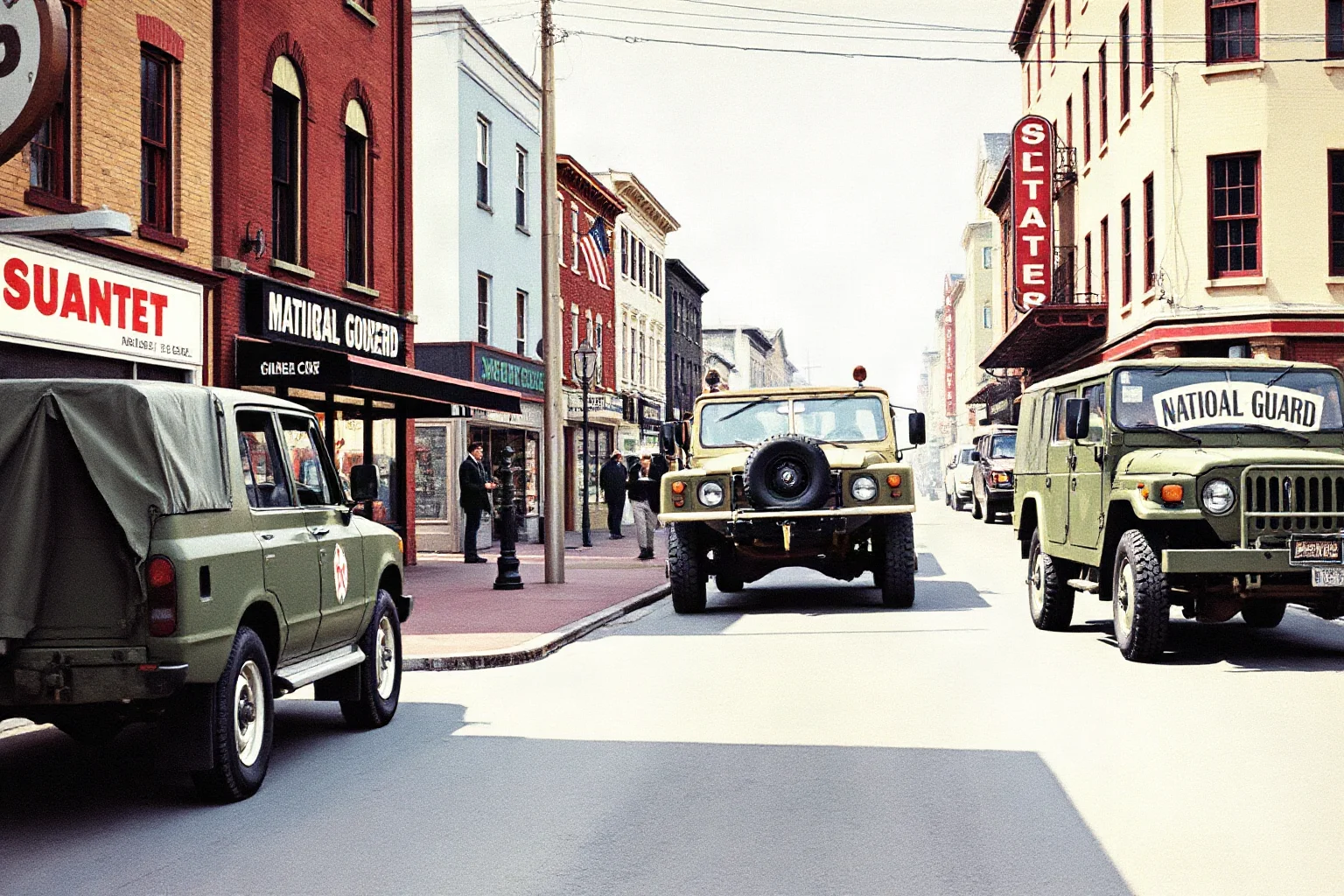1960s urban street scene with National Guard vehicles parked near storefronts, muted color illustration