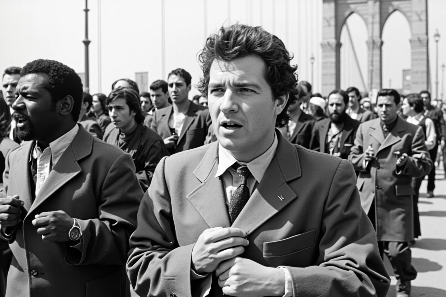 1960s young civil rights activist marching arm in arm with others on a bridge