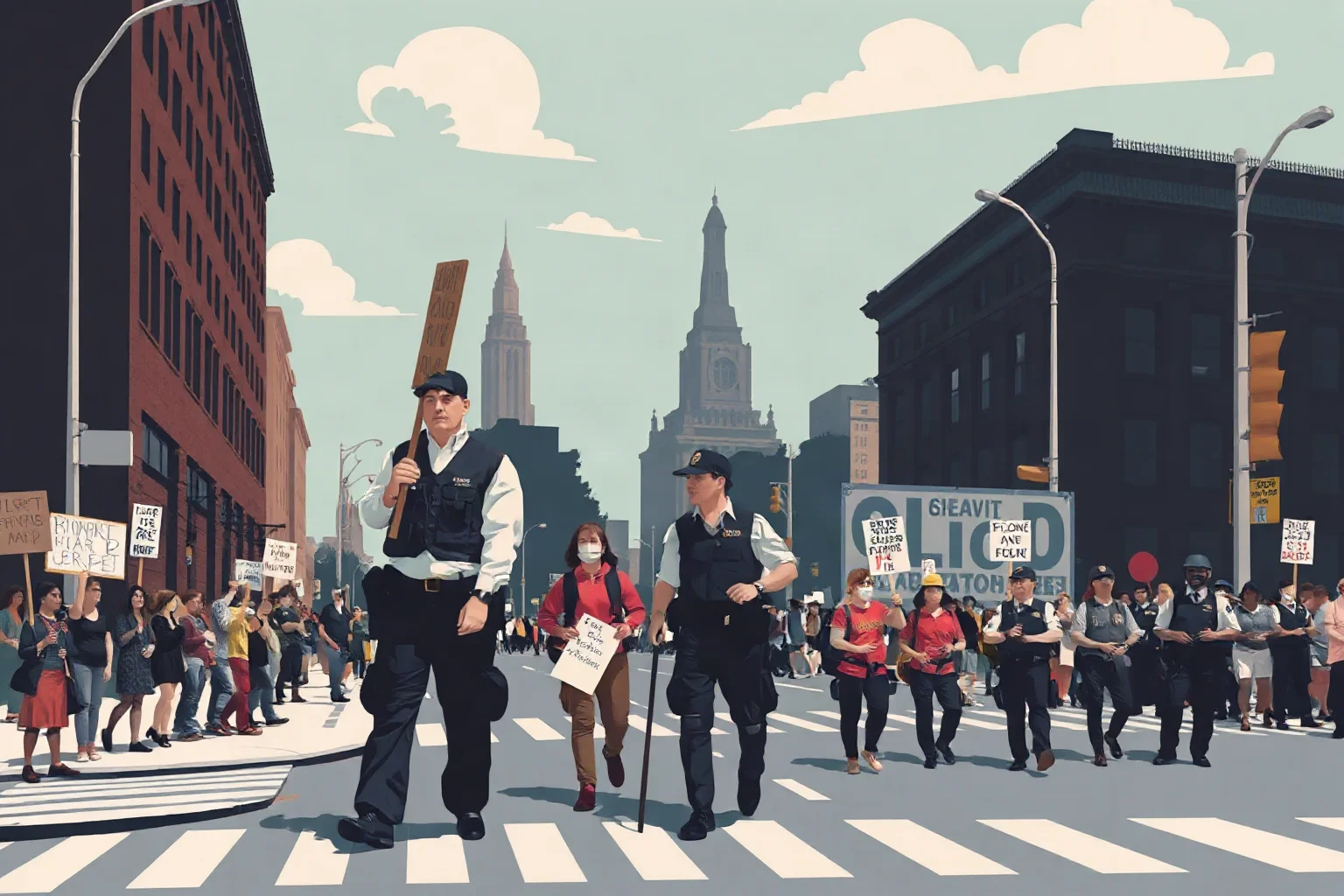 1968 city street protest scene with signs and police line, retro illustrative poster style