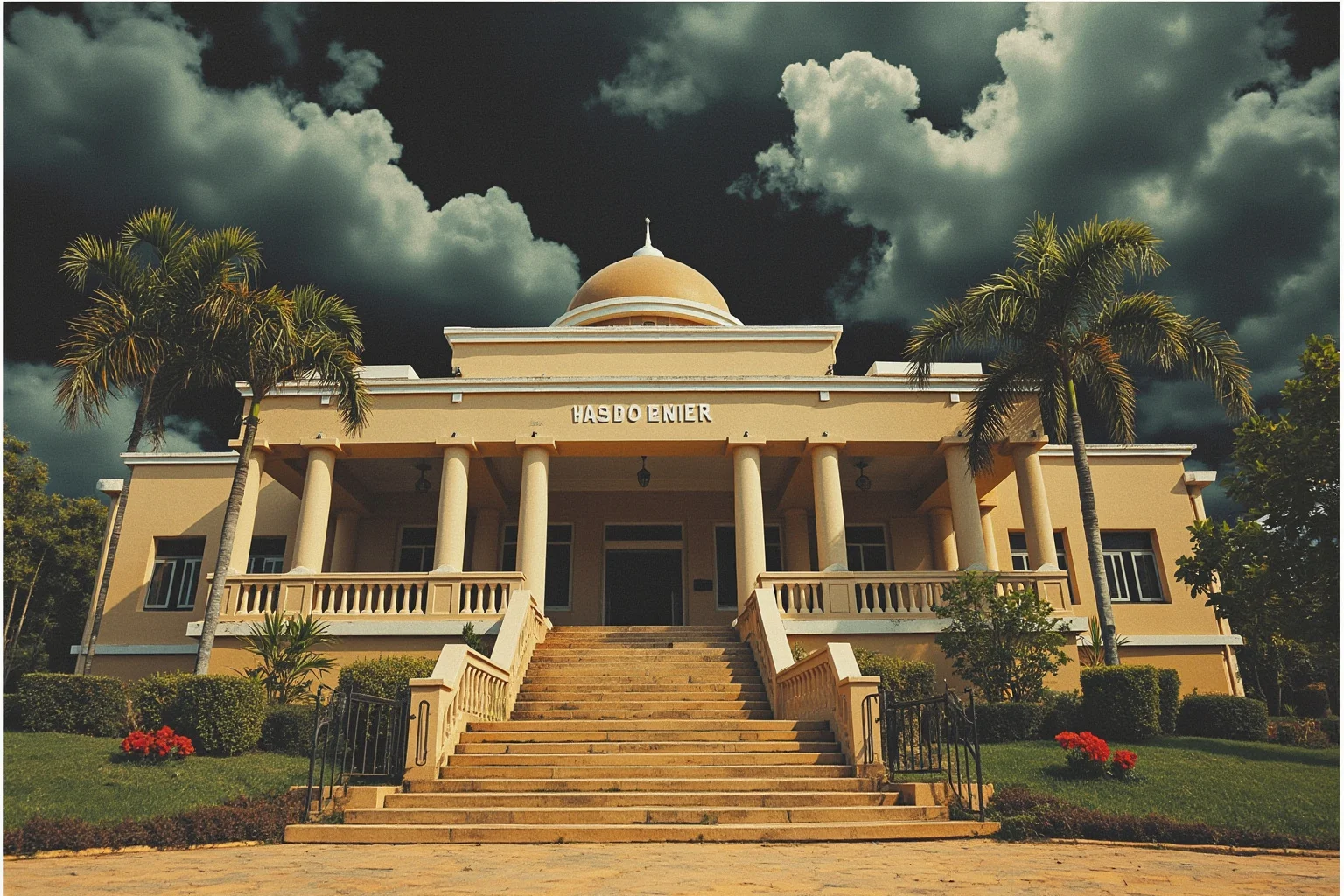 10 of History's Most Evil People & 10 of Its Greatest Heroes 10 1970s African government building exterior with ominous storm clouds, symbolic historical illustration