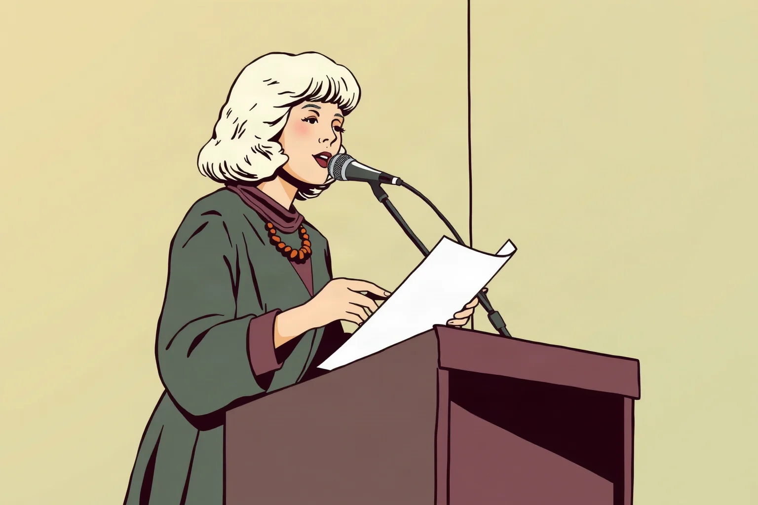 1970s illustration of a woman writer and poet performing at a podium with a microphone