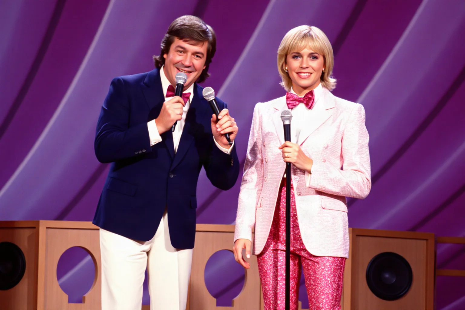 1970s television variety-show couple in flashy stage outfits with microphones