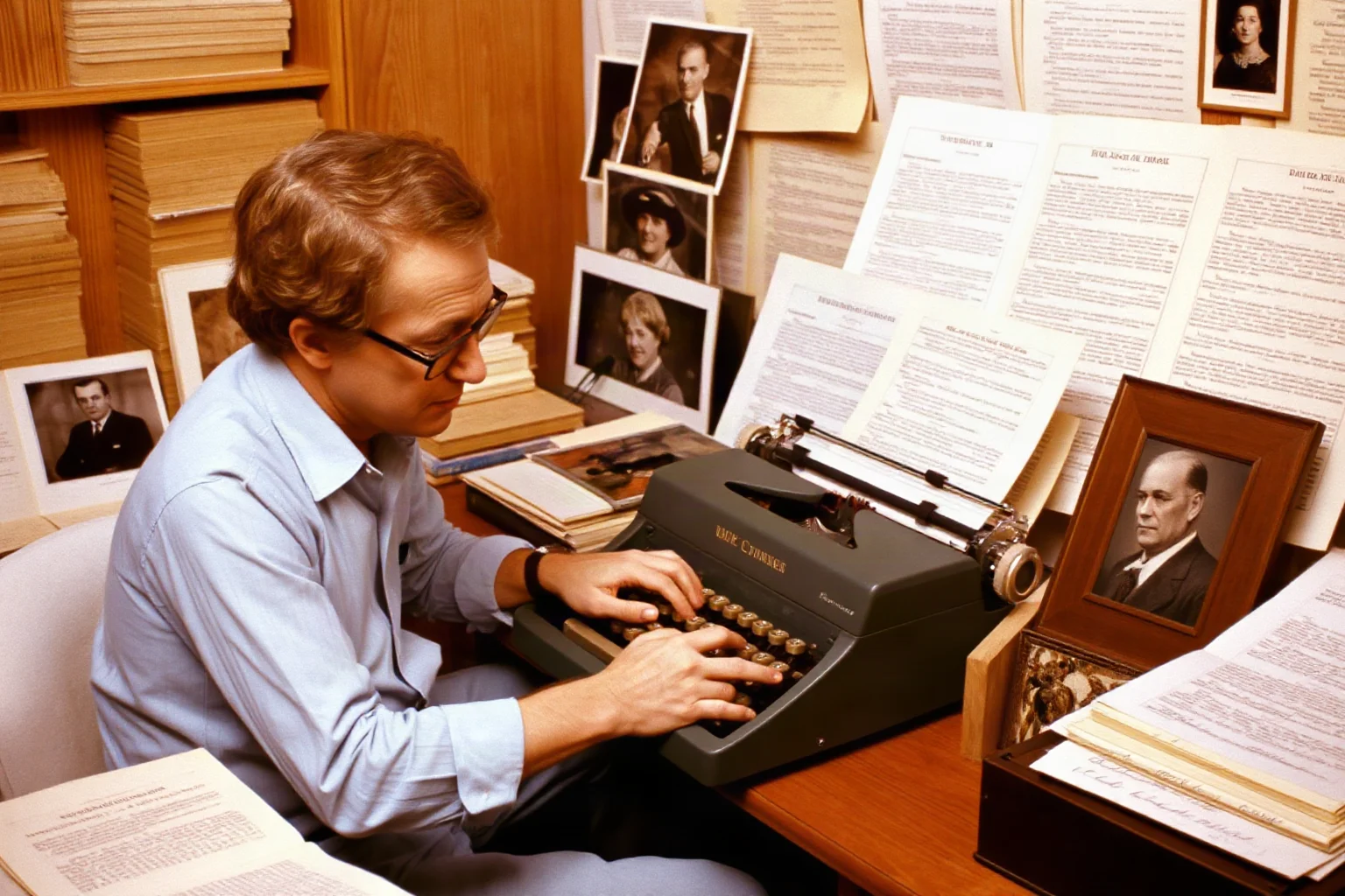1970s writer at a typewriter surrounded by fake manuscript pages and old photographs