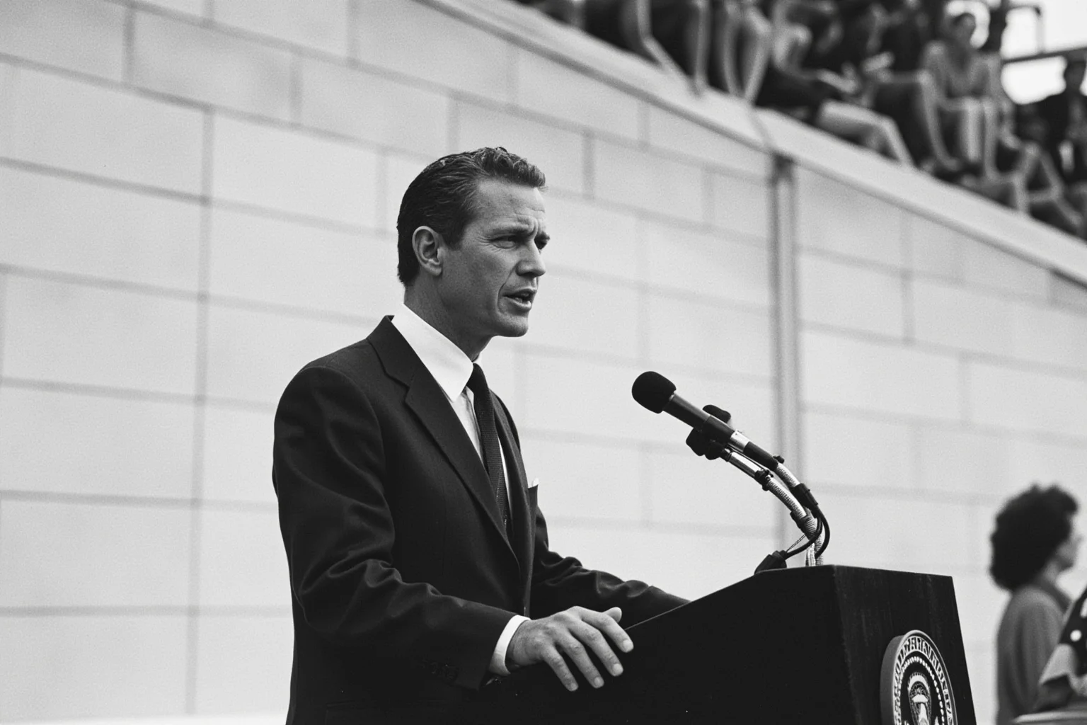 1980s American president speaking at an outdoor podium near a large concrete wall