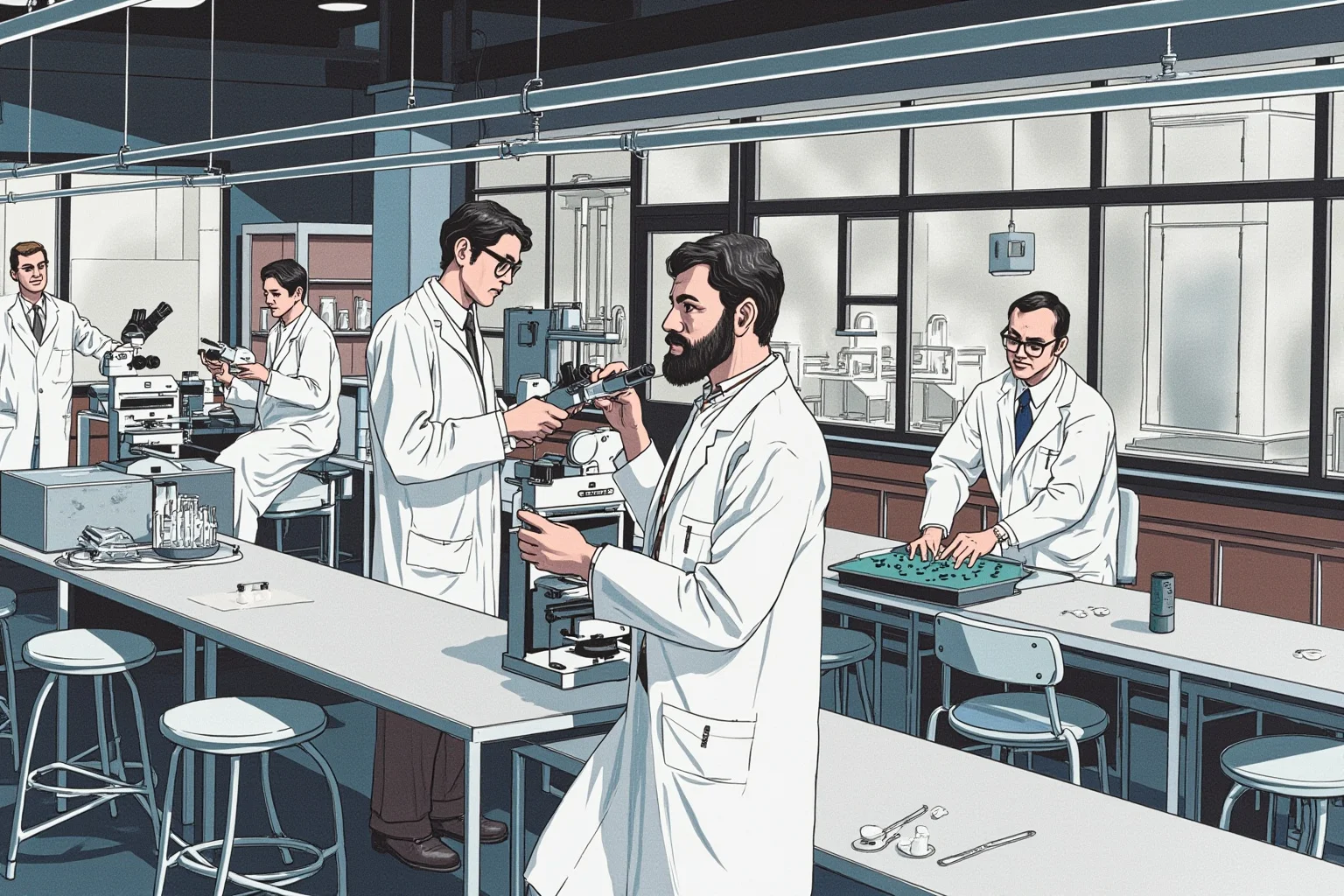 20 Deadliest Plagues That Shaped Human History 19 1980s medical research laboratory with microscopes and researchers in white coats, documentary-style illustration