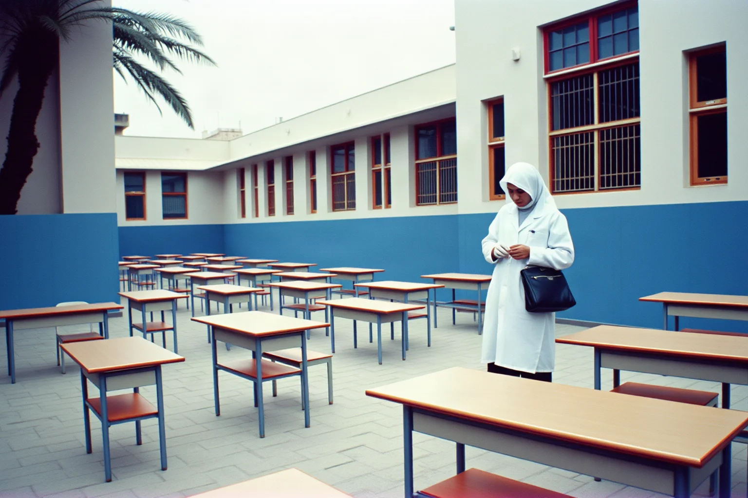 1980s Middle Eastern schoolyard with rows of empty desks and a nurse attending to a student, muted tones