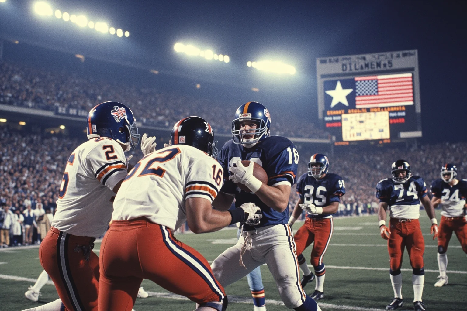 Biggest Blowouts in Sports History 4 1980s NFL championship football scene, a defense dominating with a huge scoreboard gap, cold winter stadium