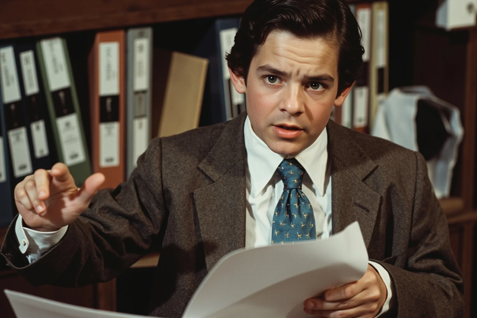 1980s office with fake contract folders and a young executive giving a confident presentation to investors
