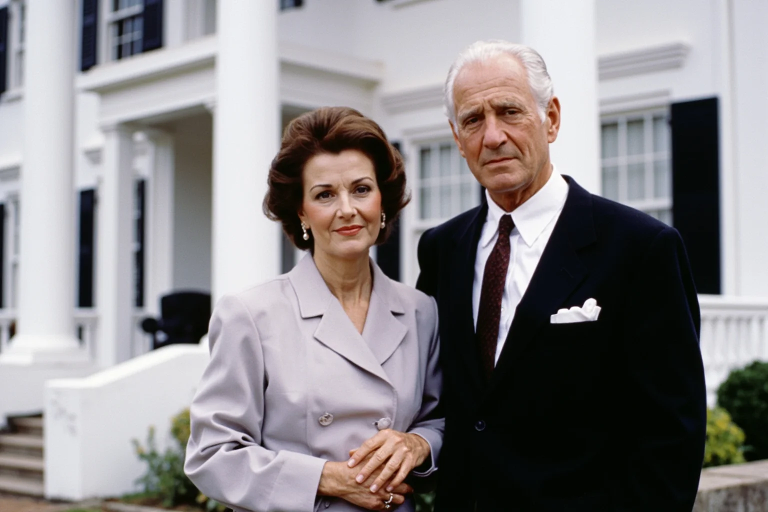The 22 Greatest Love Stories in History 18 1980s-style elegant older couple, man in a suit and woman in a refined dress, standing together in front of a stately white house