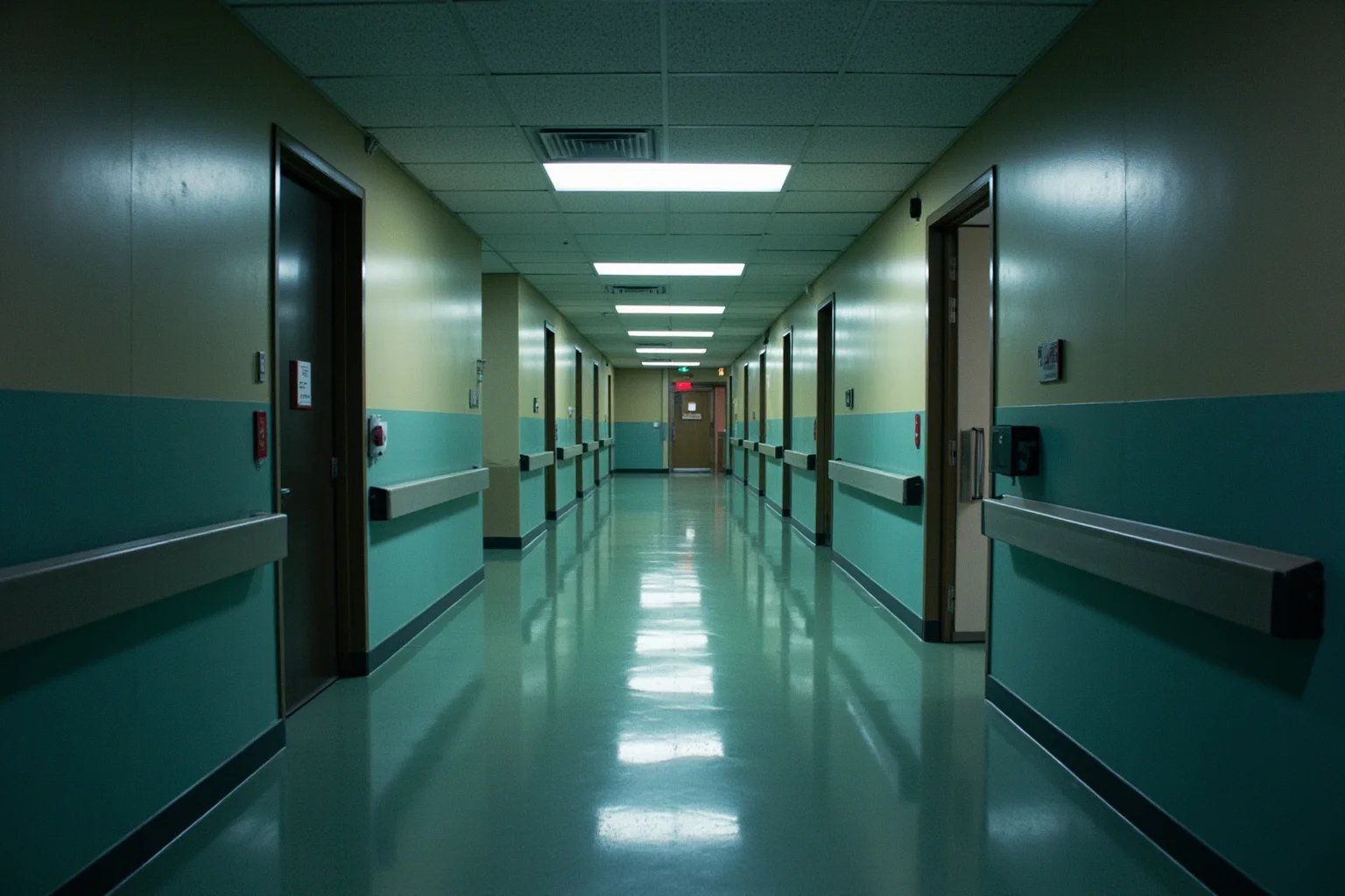 1990s hospital emergency room hallway with fluorescent lighting, clinical and quiet atmosphere
