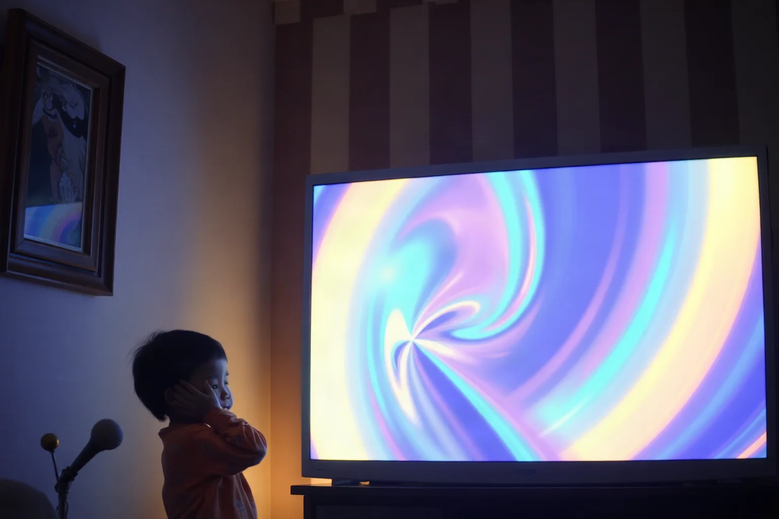 1990s Japanese living room with a child covering eyes near a glowing television screen with abstract colorful flashing pattern