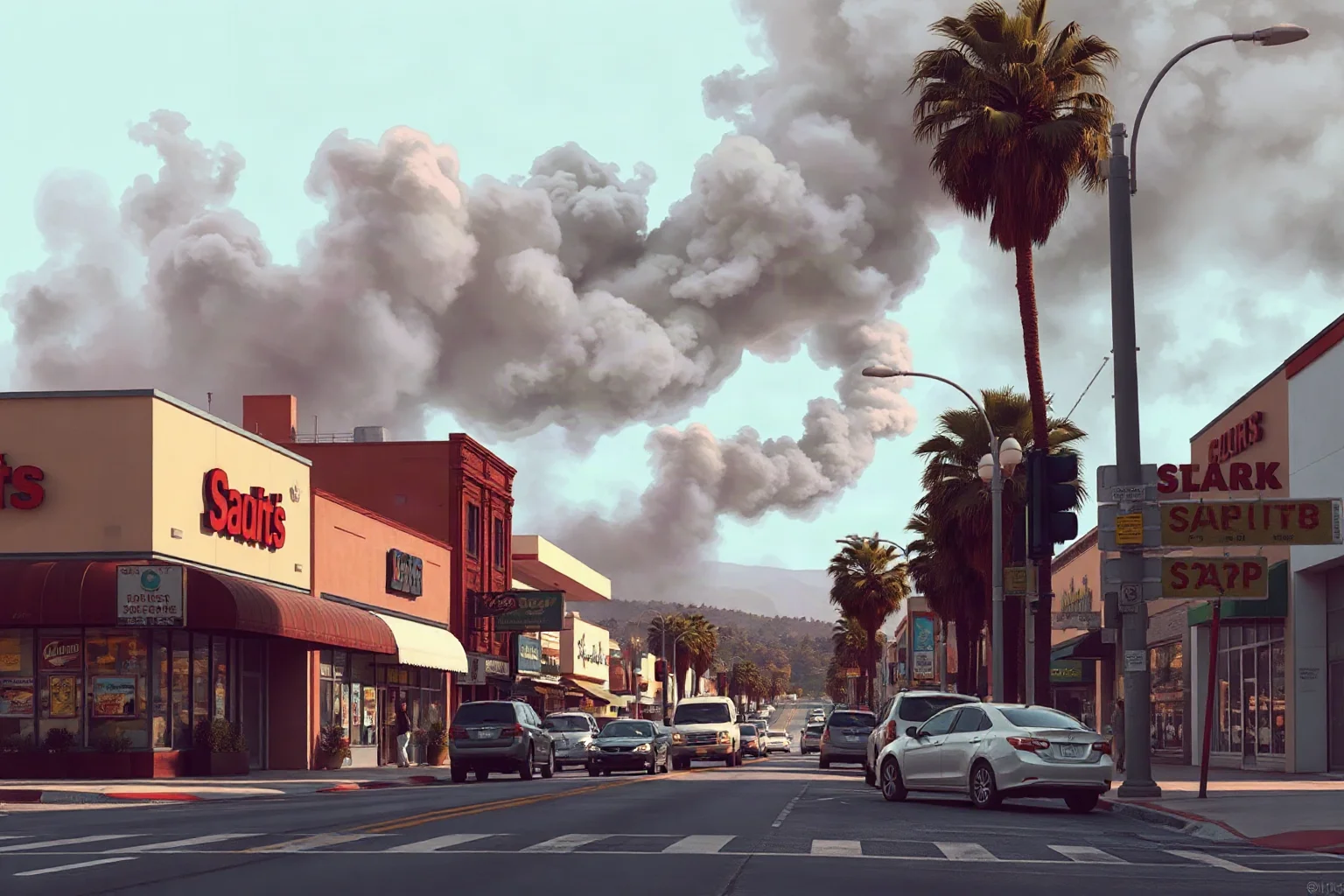 1990s Los Angeles street with storefronts and smoke plumes in distance, documentary illustration style