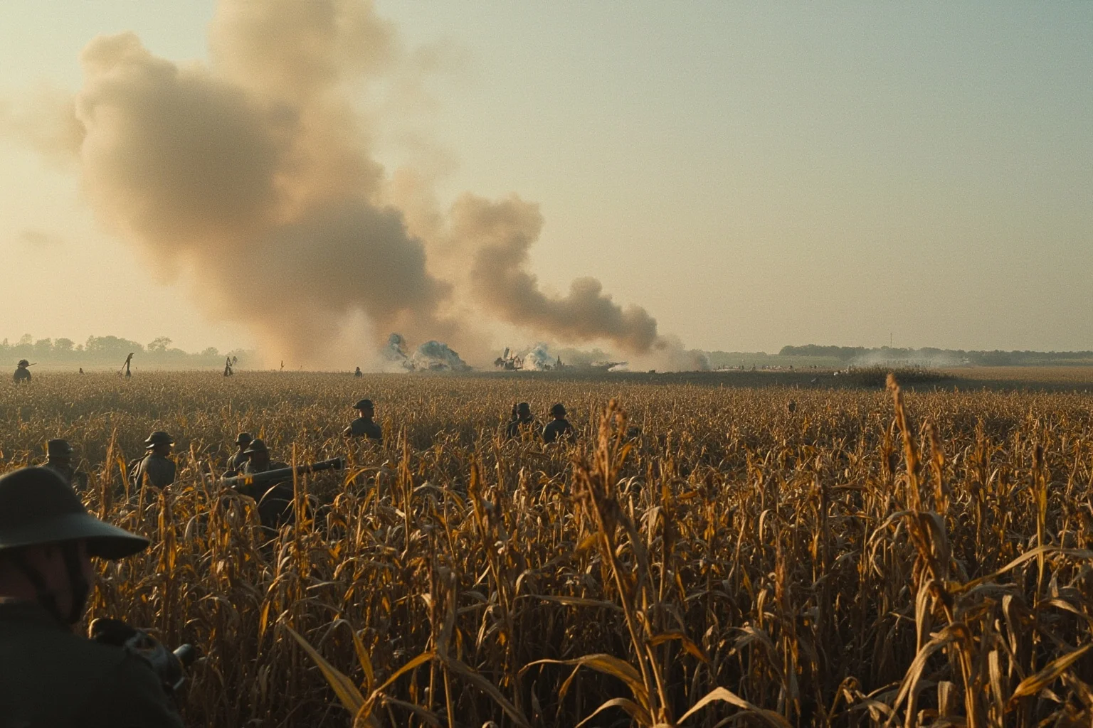 19th-century American Civil War battlefield with smoke, cannon fire, and lines of soldiers in a cornfield