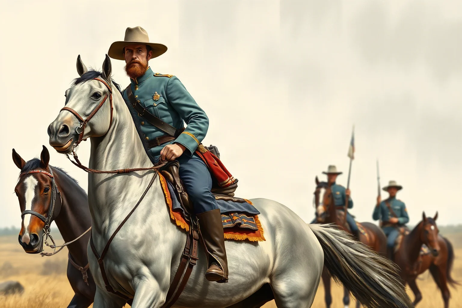 19th-century American Civil War Confederate general on horseback in a grey uniform, illustrative historical style