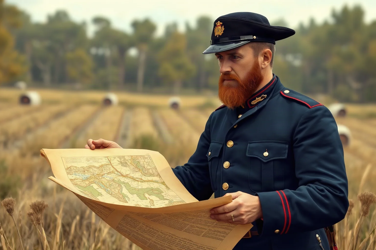 19th-century American Civil War Union general in a dark blue uniform studying a field map, illustrative historical style