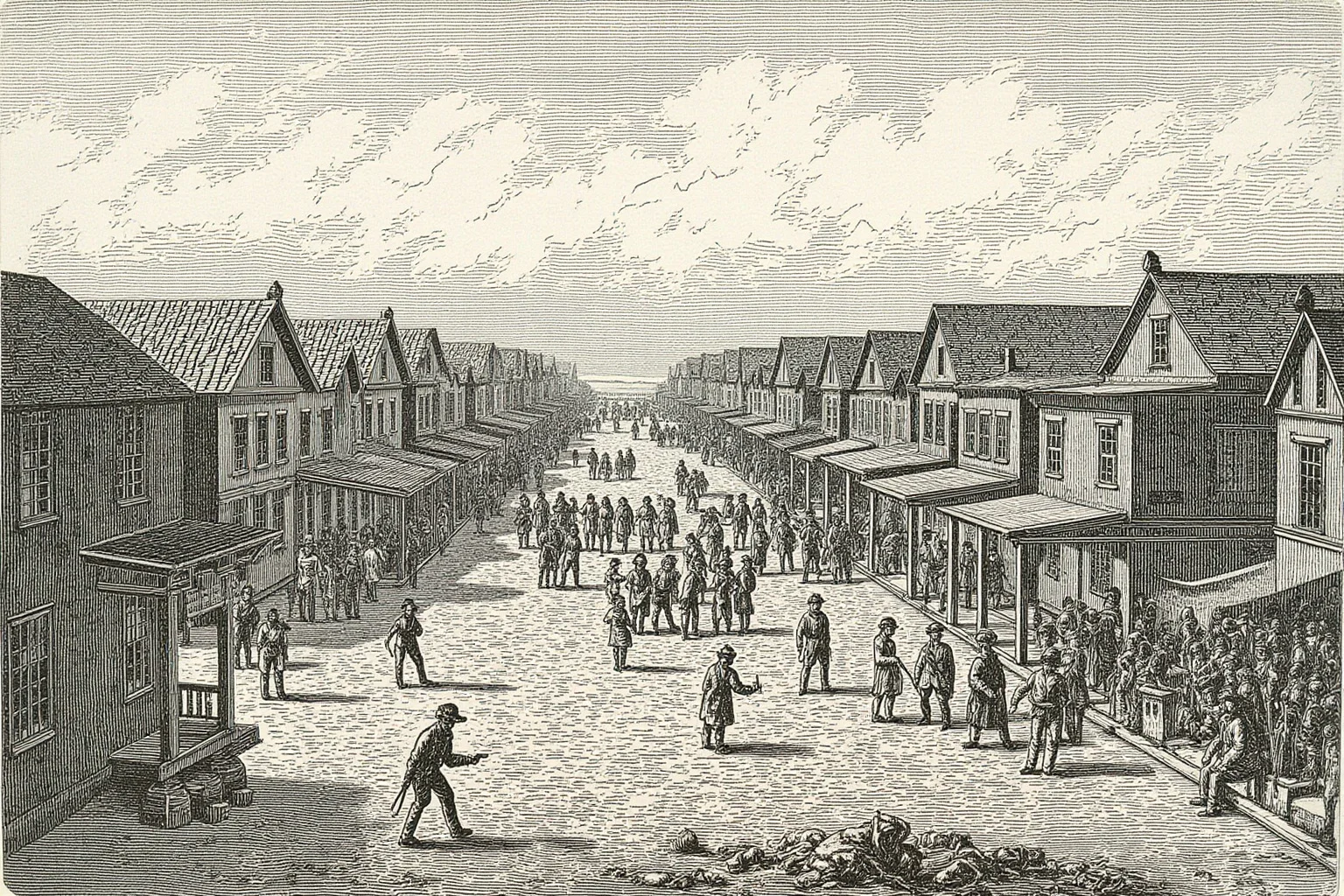 Public Executions Were Once The Most Attended Events In Town — Here's What That Says About Us 18 19th-century American frontier town square with wooden buildings and a gathered crowd, illustrative style