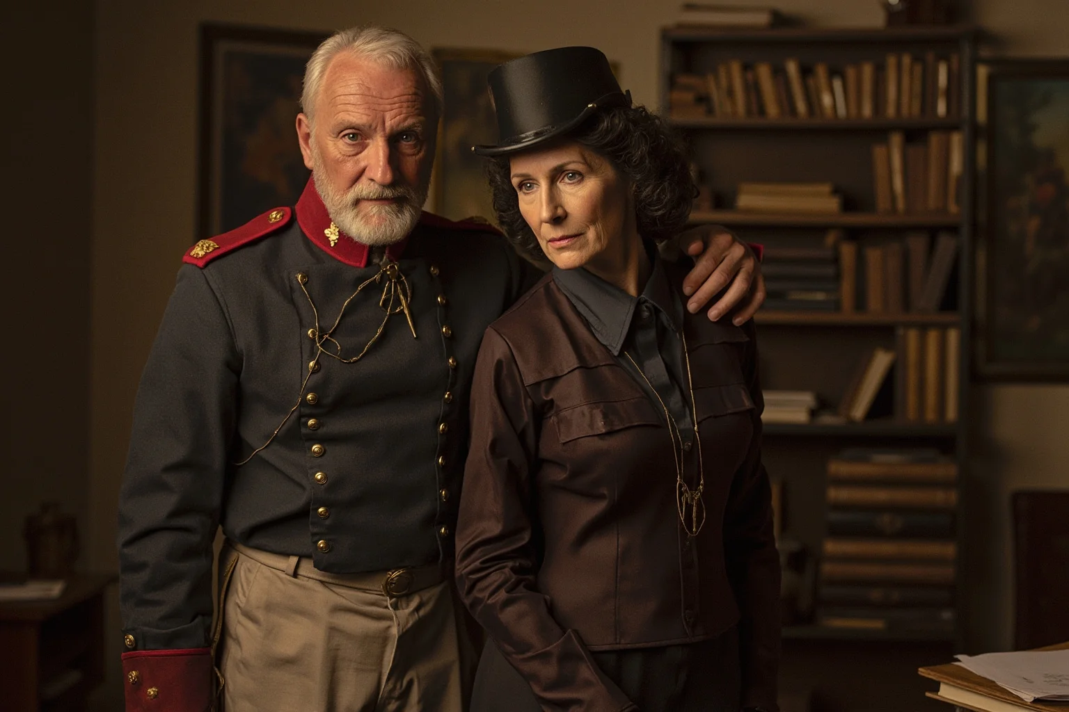 The 22 Greatest Love Stories in History 13 19th-century American general in military uniform standing beside his wife in a modest home study filled with papers