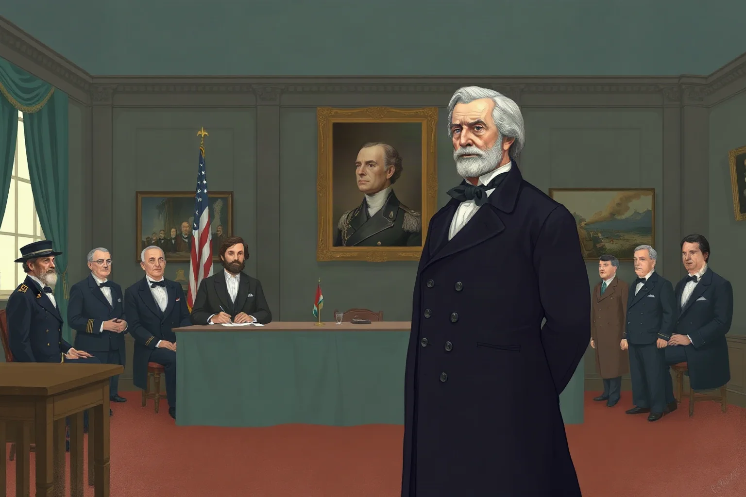 19th-century American president in a dark coat standing solemnly before a wartime cabinet room, illustrated style