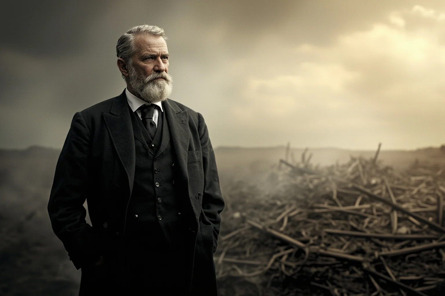 19th-century American president in a dark suit standing solemnly before a war-torn battlefield landscape